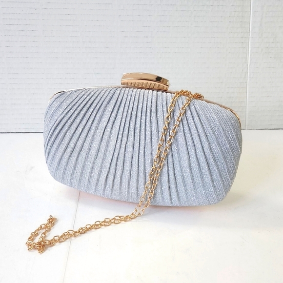 Silver Pleated Glitter Clutch Purse Women's Evening Handbag - Picture 5 of 10